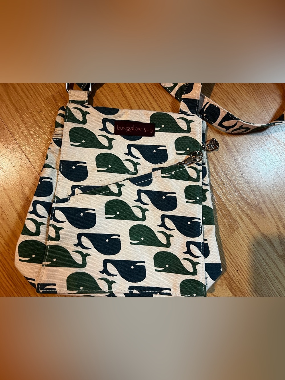 bungalow 360 Crossbody Bag with Green & Blue Whale Print